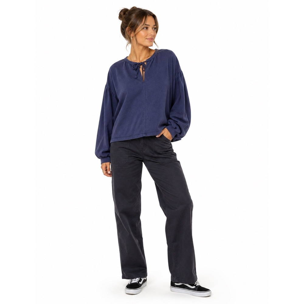 Aerie Women's Medium Navy Tie Neck Balloon Sleeve Oversized Fleece Sweatshirt